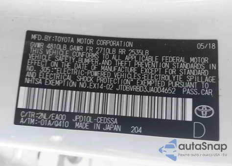 2018 Toyota Mirai из США, поврежденный, VIN JTDBVRBD3JA004652